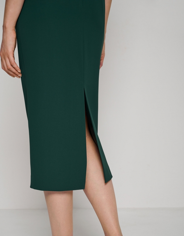 Dark green crepe straight midi skirt