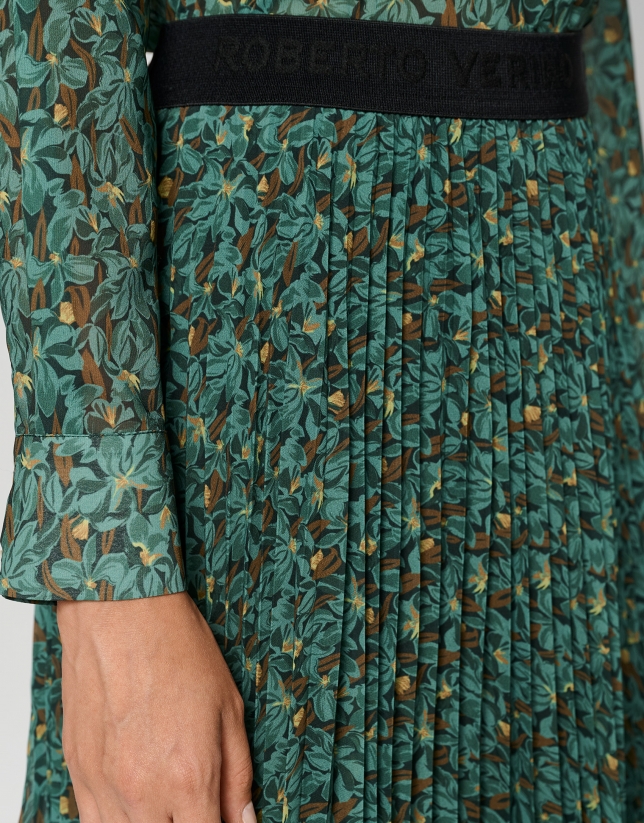 Falda midi plisada crepé georgette floral verde