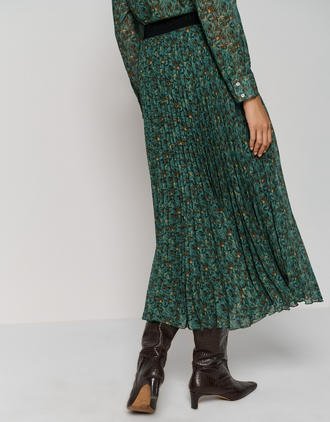 Georgette crepe pleated midi skirt with green floral print