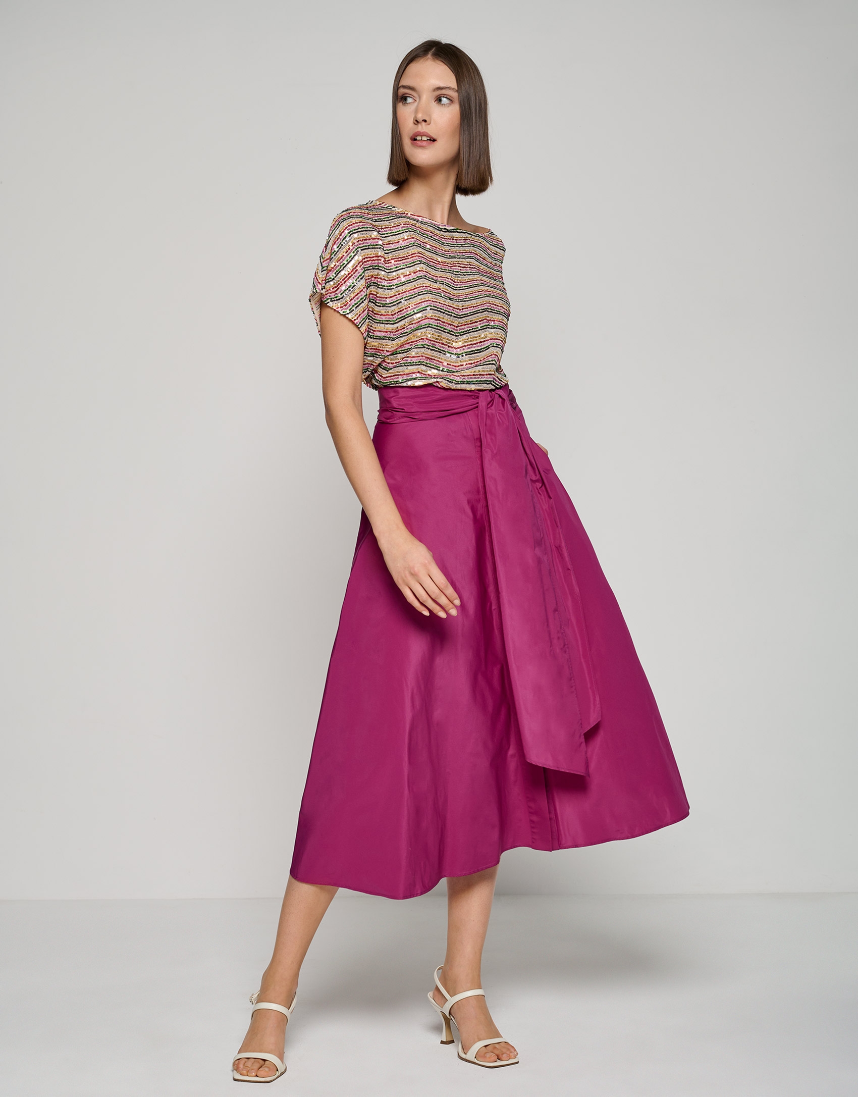 Bougainvillea taffeta midi skirt with buttons