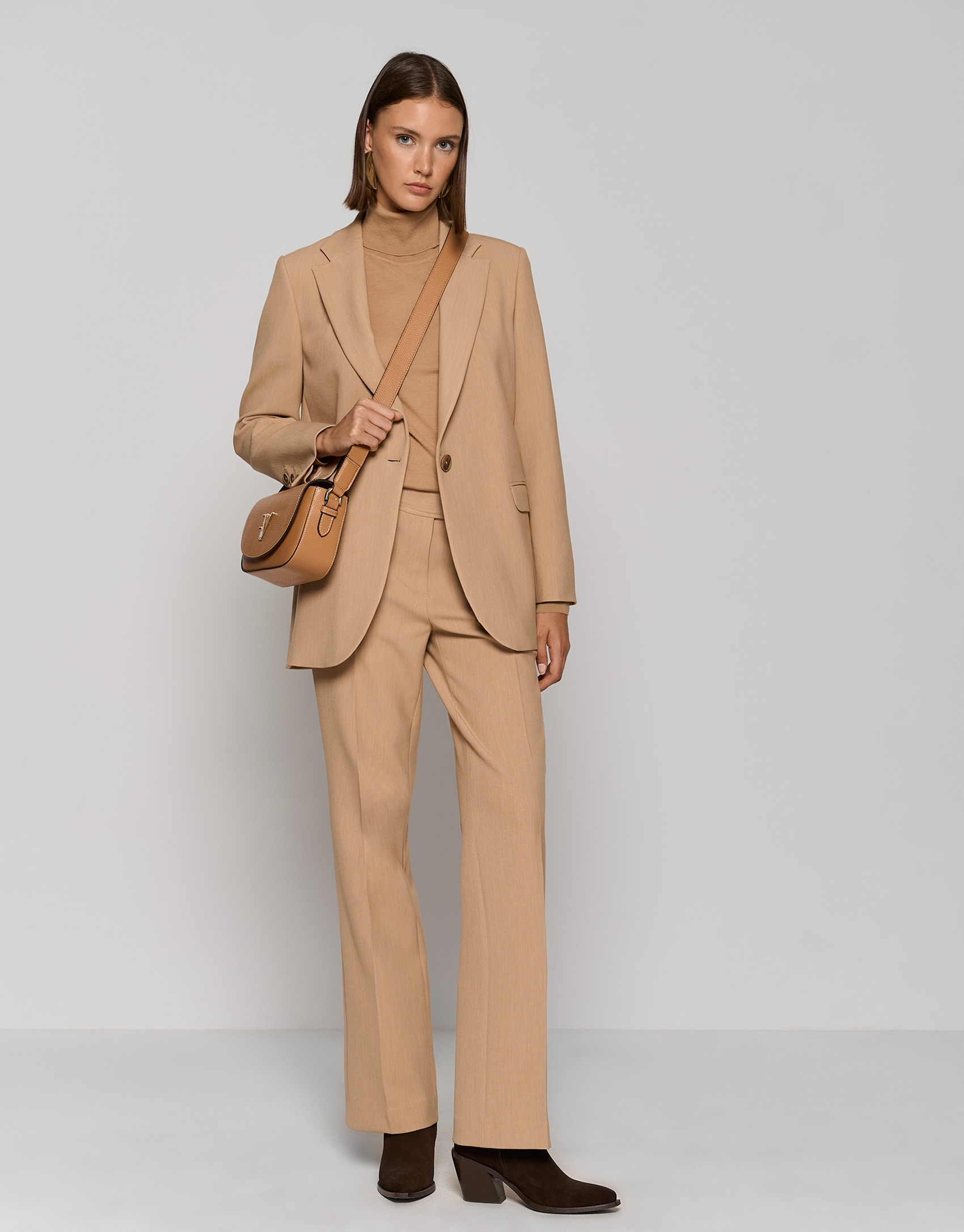 Camel double crepe straight tailored pants