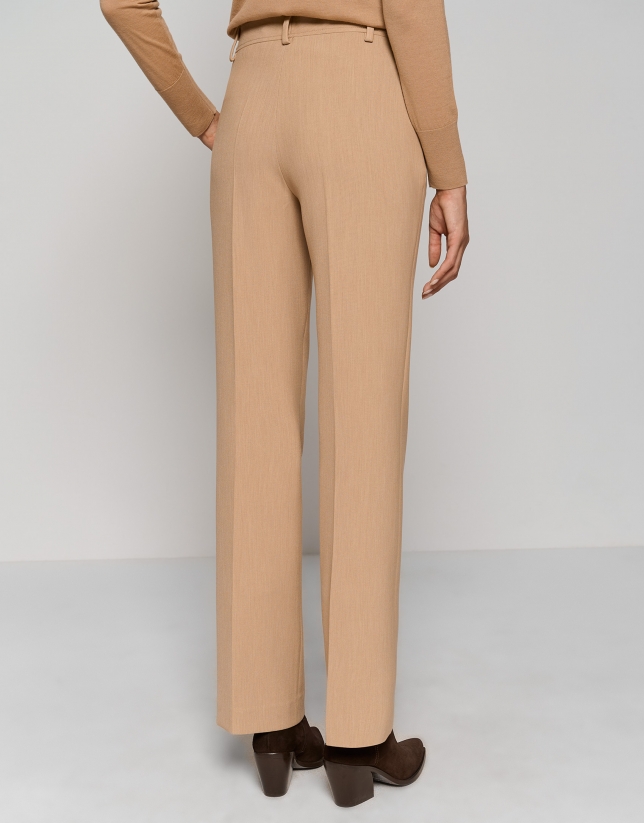 Camel Crepe High Waist Wide Leg Tailored Trousers