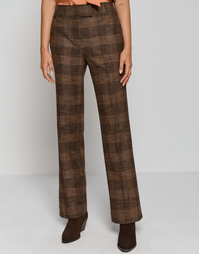 Brown prince of wales tweed high waisted pleated Cigarette Pants | Sumissura