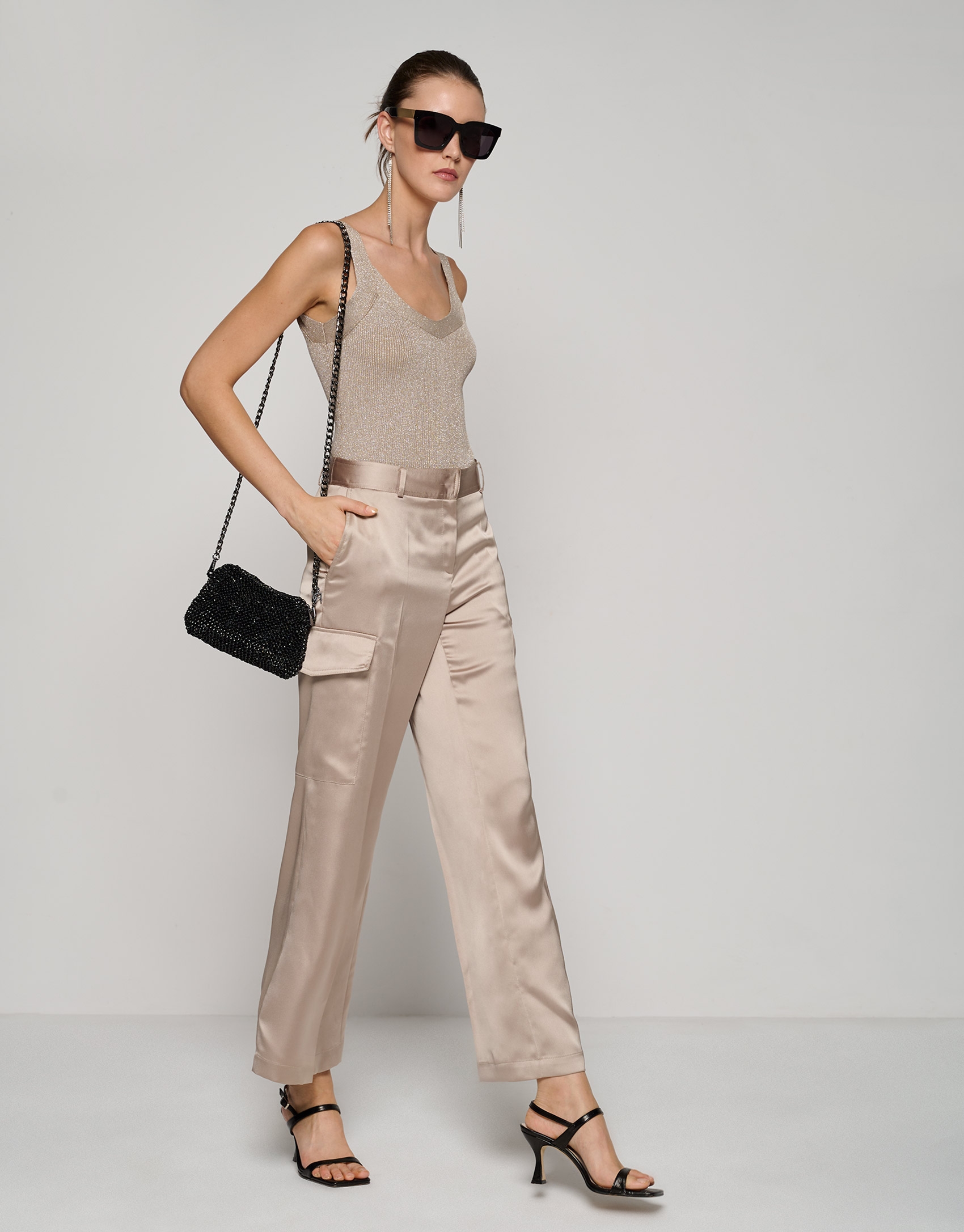 Mink-colored satin wide cut cargo pants