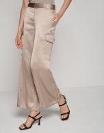 Mink-colored satin wide cut cargo pants