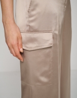 Mink-colored satin wide cut cargo pants