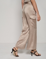 Mink-colored satin wide cut cargo pants