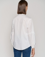 White striped jacquard blouse with puffed sleeves