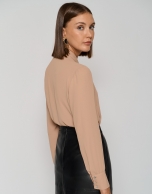 Camel chiffon shirt with long sleeves and bow