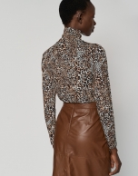 Brown cowl neck coupe knit top with animal print