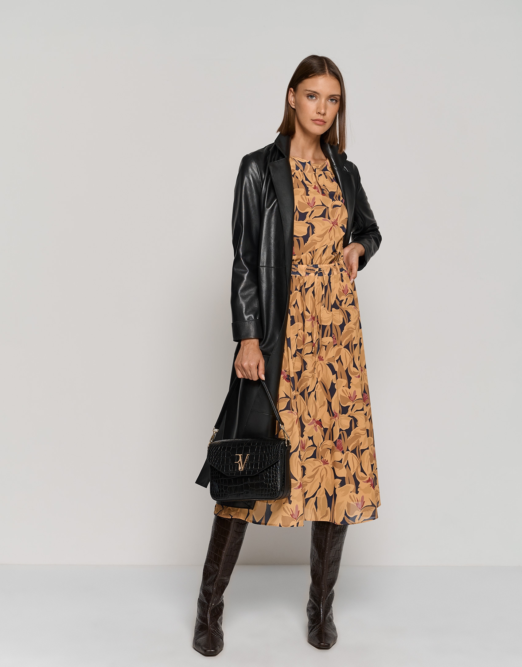 Georgette crepe midi dress with long sleeves and mustard floral print