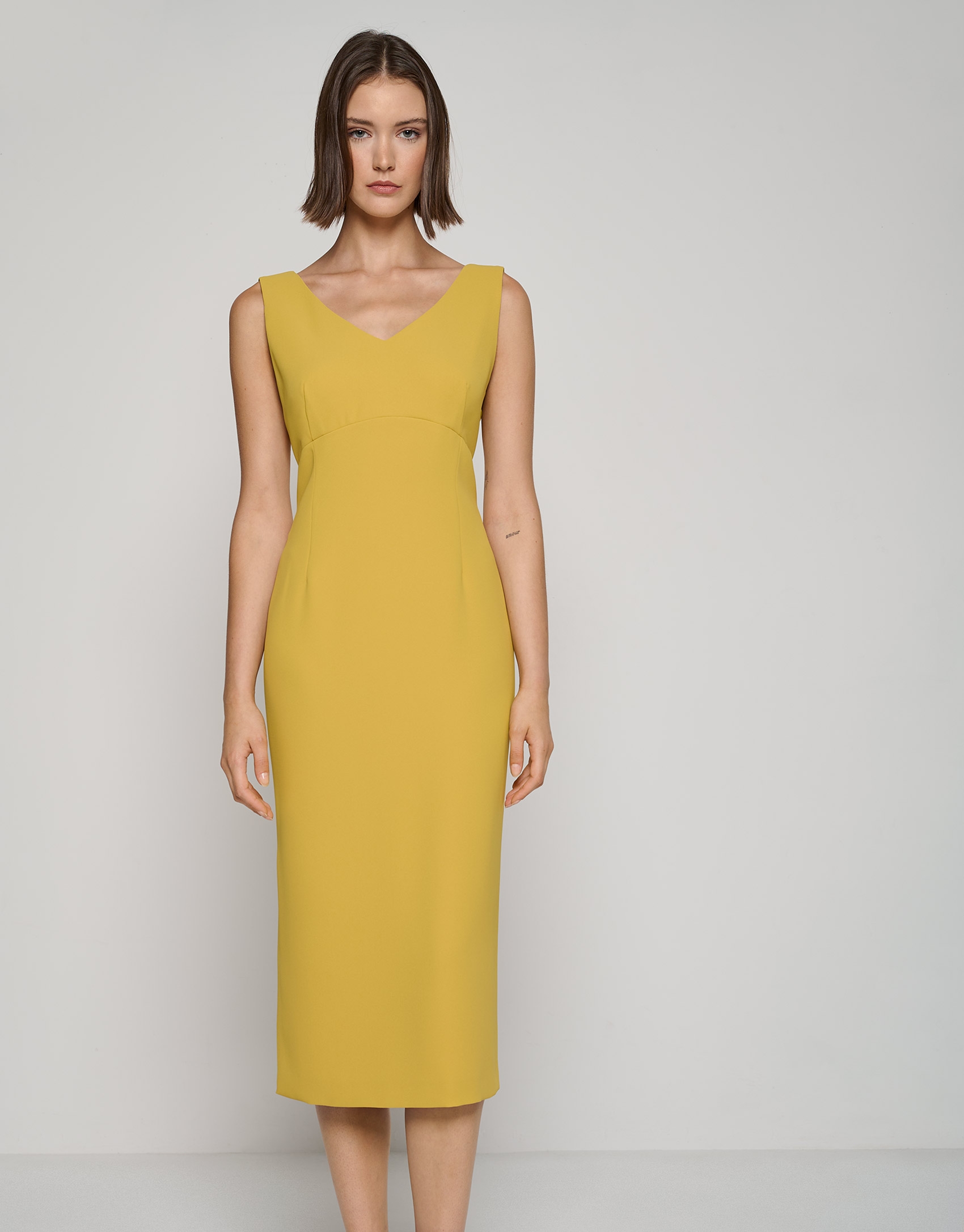 Mustard crepe midi dress with V-neck