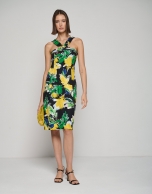 Elastic crepe, draped halter dress with yellow flowers