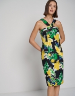 Elastic crepe, draped halter dress with yellow flowers