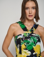 Elastic crepe, draped halter dress with yellow flowers