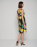 Elastic crepe, draped halter dress with yellow flowers