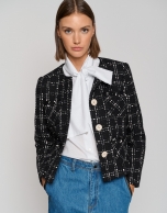 Short black and white tweed jacket