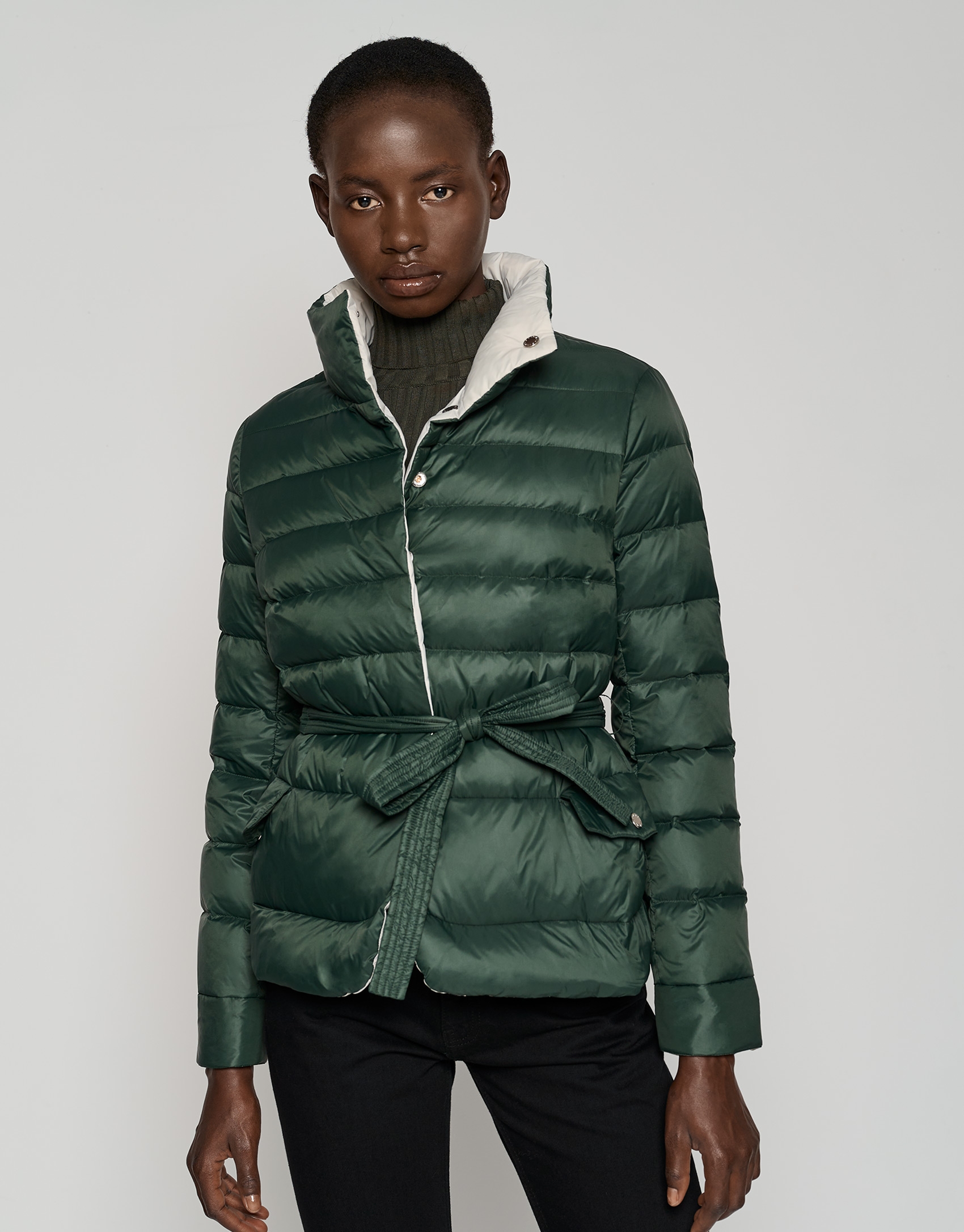 Green and light gray reversible quilted down jacket