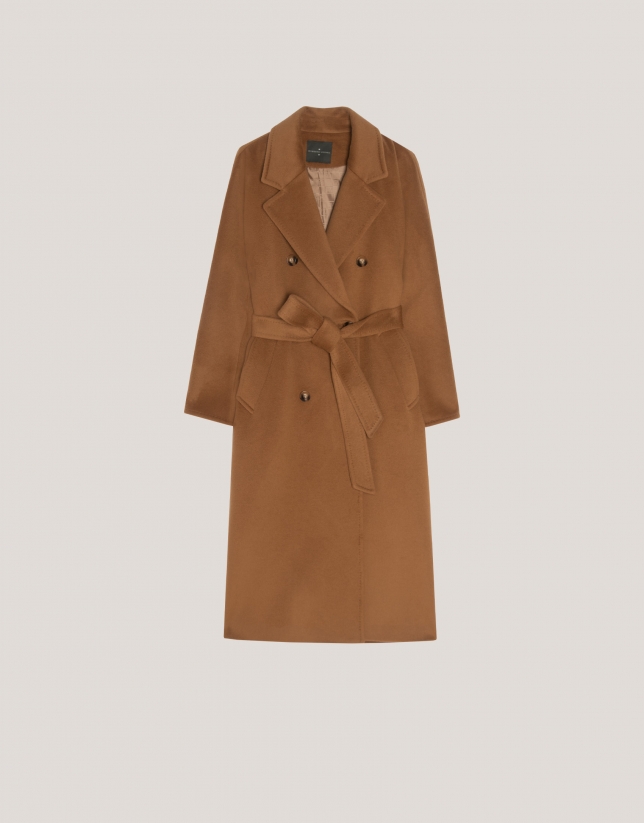 Long melange camel coat with lining