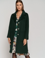 Long green double-faced cloth coat with side slits 