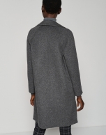 Long gray double-faced cloth coat with side slits 