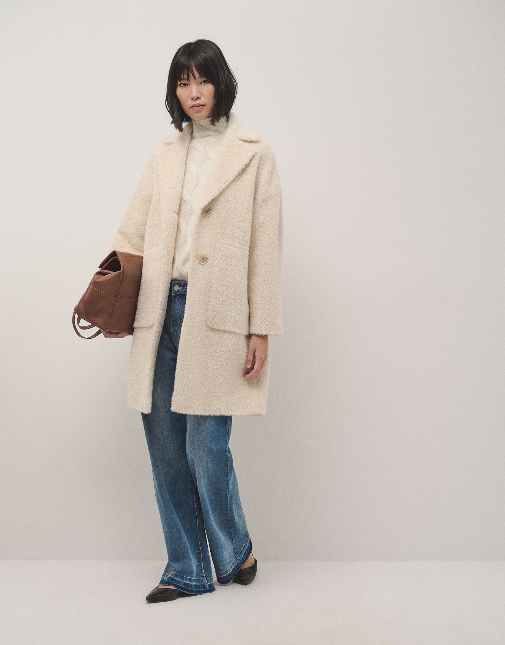 Long ecru alpaca fur and wool coat