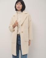 Long ecru alpaca fur and wool coat