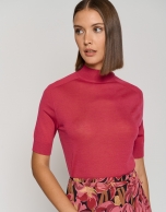 Fucshia fine wool sweater with three quarter sleeves