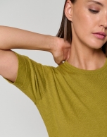 Green fine gauge wool knit sweater with short sleeves