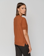 Orange fine gauge wool knit sweater with short sleeves