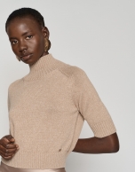 Camel lurex short sweater with three-quarter sleeves