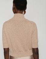 Camel lurex short sweater with three-quarter sleeves