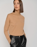 Camel fine gauge knit sweater with cowl neckline