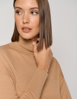 Camel fine gauge knit sweater with cowl neckline