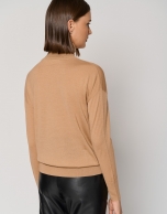 Camel fine gauge knit sweater with cowl neckline