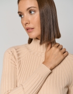 Camel ribbed sweater with raised collar