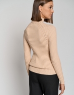 Camel ribbed sweater with raised collar