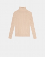 Camel ribbed sweater with raised collar