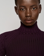 Maroon ribbed sweater with raised collar