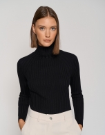 Black ribbed sweater with raised collar