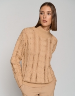 Camel cable knit sweater with openwork