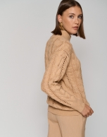 Camel cable knit sweater with openwork