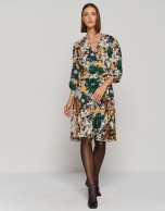 Long-sleeved draped dress with green floral print