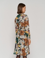 Long-sleeved draped dress with green floral print