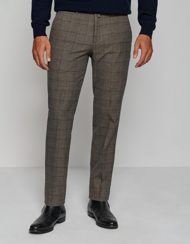Tan and navy blue checked slim fit chinos