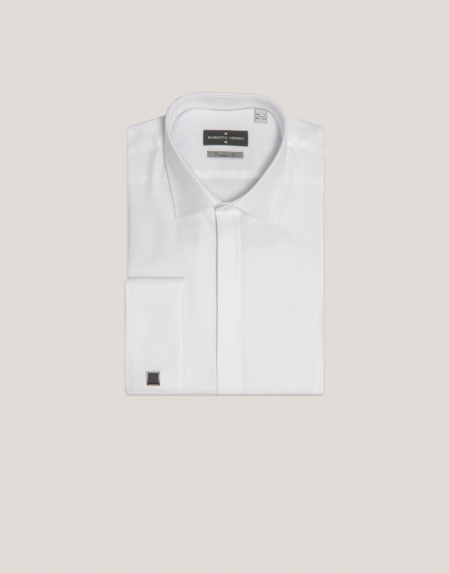 White flower micro-structured regular dress shirt