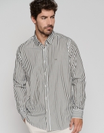 Khaki green and white striped regular sport shirt