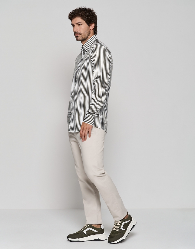 Khaki green and white striped regular sport shirt