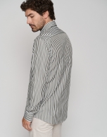 Khaki green and white striped regular sport shirt