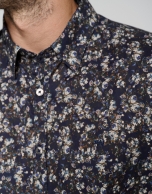 Blue and natural floral print regular sport shirt